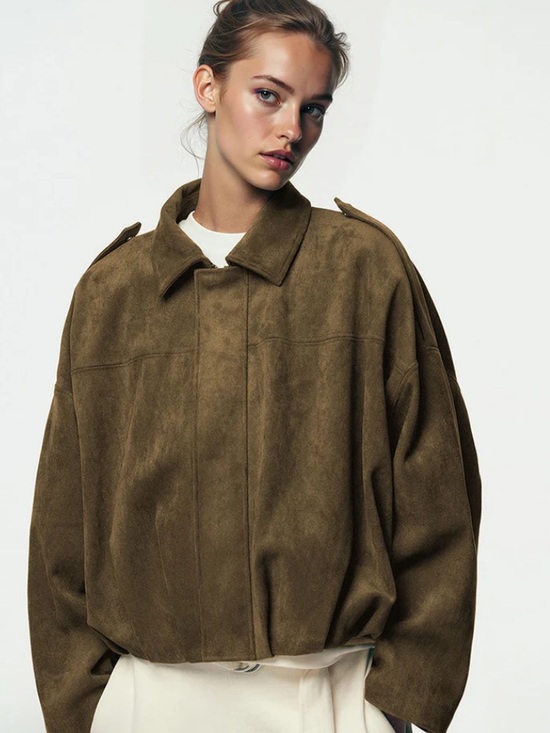 Jackets & Blazers - Womens Vintage Oversized Suede Cropped Bomber Jacket - Olive